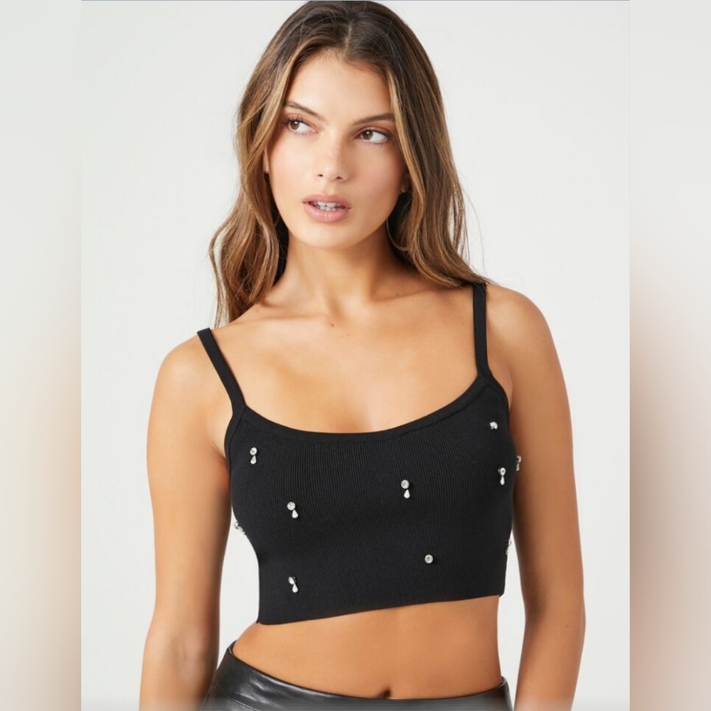 Black Embellished Sweater Knit Crop Top